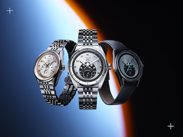 From left to right: TAG Heuer Carrera Astronomer Two-Tone Rose Gold Limited Edition; Stainless Steel Core Model; Turquoise-Accented Limited Edition.